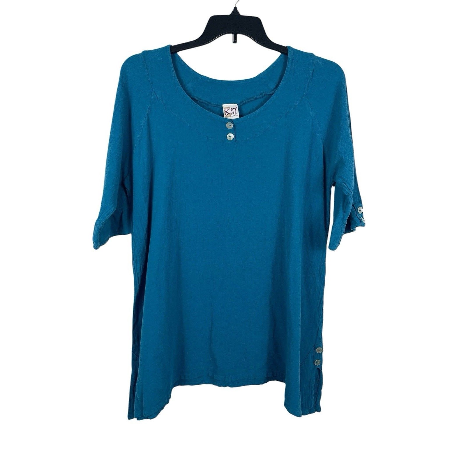 Oh My Gauze Gauzy Cotton Tunic Top Turquoise Blue Lagenlook Beachy Size 1 S/M